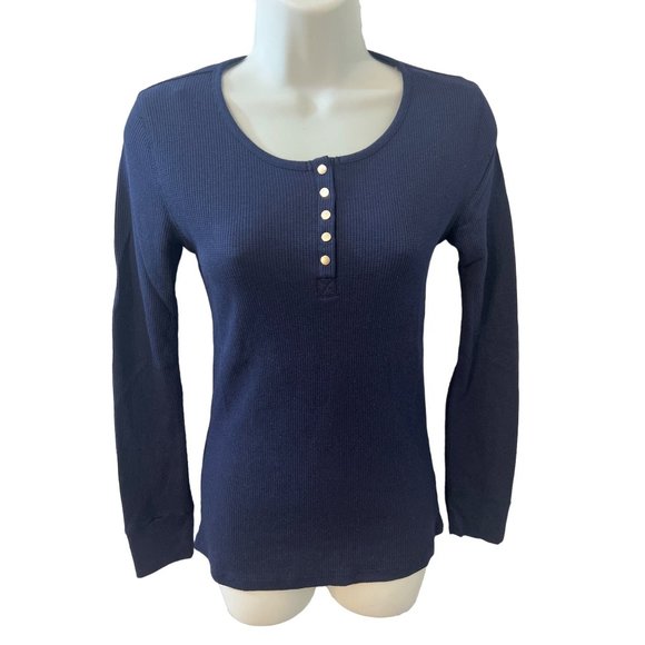 NEW Navy Blue Thermal Waffle V-Neck Knit Long Sleeve Top Size Large - Picture 2 of 5